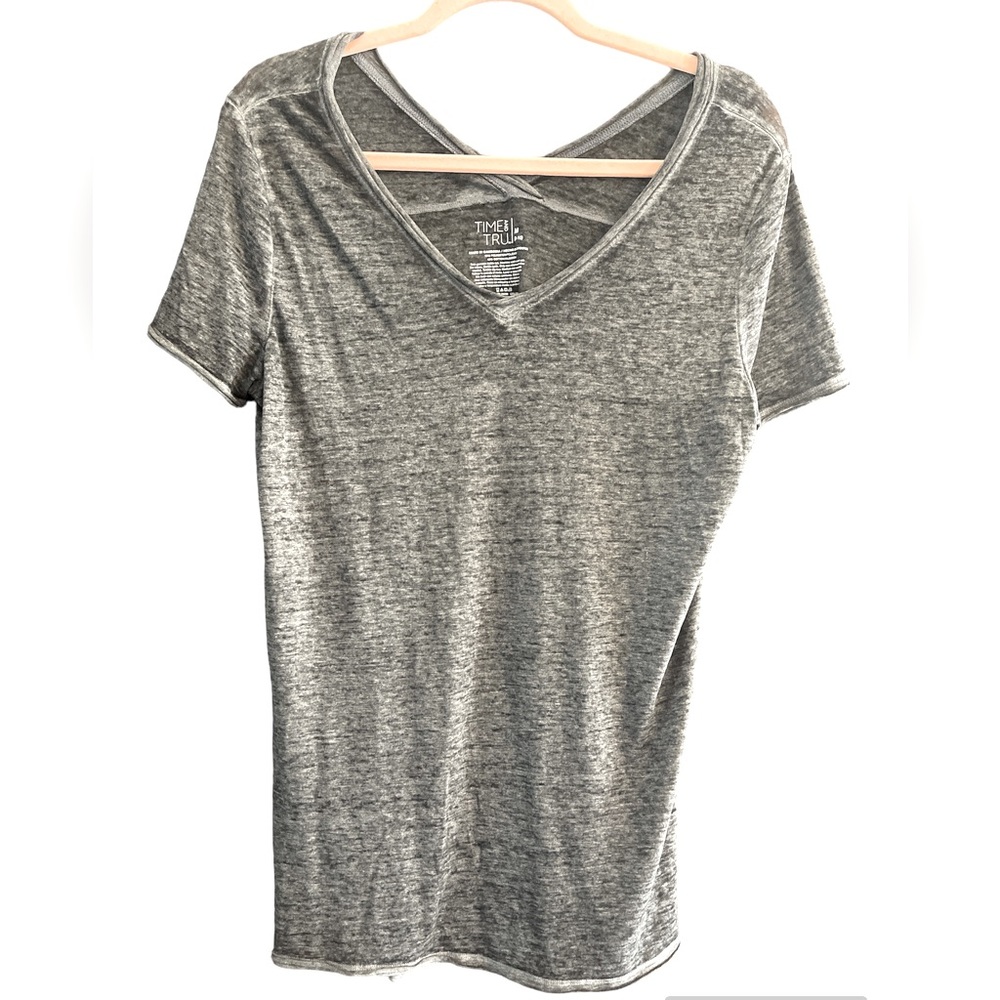 Dark, gray/black V-neck front and back tee